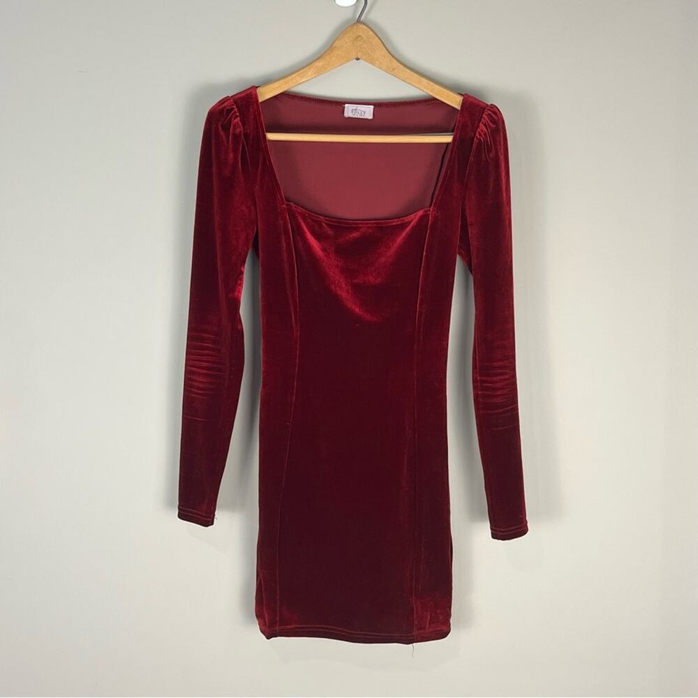 Oh Polly Red Velvet Long Sleeve Mini Dress Puff Sleeve Glam Chic Formal Size 2